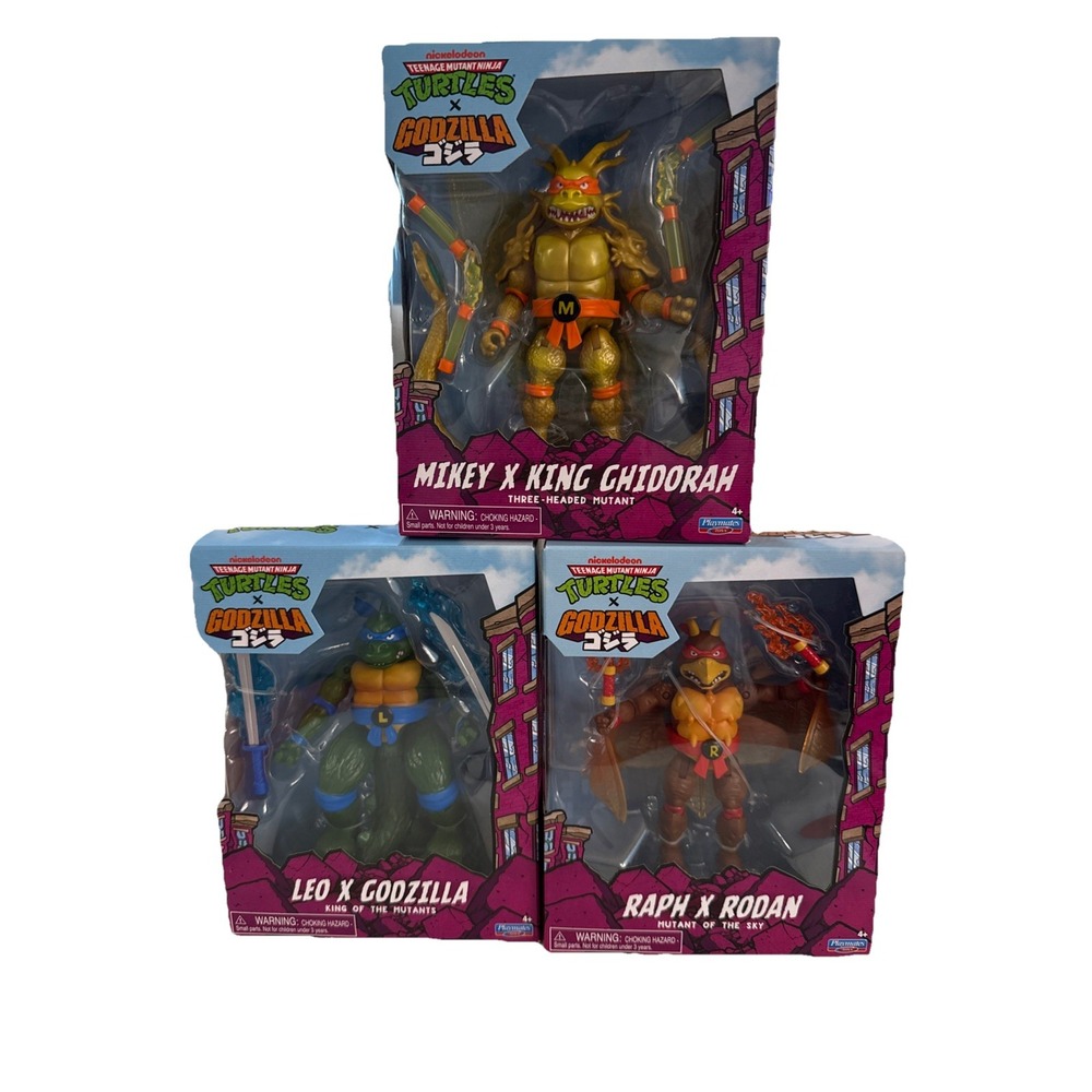 TMNT X Godzilla Playmates Leonardo Michelangelo Raphael Kaiju‎ NEW FULL SET OF 3